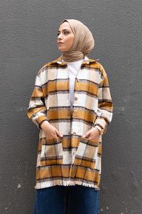 Modalamelif Önü Tahta Düğmeli Körük Cepli Gömlek Taba