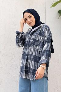 Modalamelif Tek Cepli Kapşonlu Gömlek Ekru İndigo