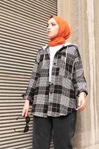 Modalamelif Tek Cepli Kapşonlu Gömlek Ekru Siyah