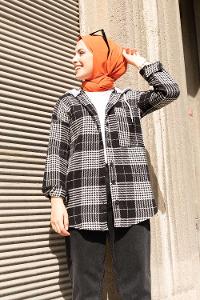 Modalamelif Tek Cepli Kapşonlu Gömlek Ekru Siyah