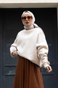 Modalamelif Bisiklet Yaka Düşük Kol Sweatshirt Bej