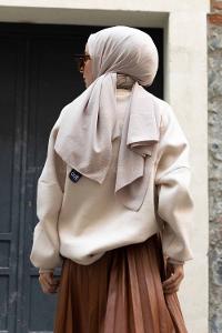 Modalamelif Bisiklet Yaka Düşük Kol Sweatshirt Bej