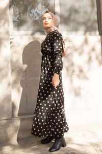 Modalamelif Bisiklet Yaka Kuşaklı Puantiye Elbise Siyah