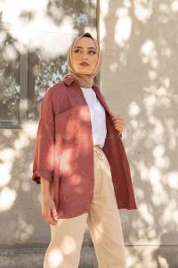 Modalamelif Düşük Kol Oversize Gömlek Gül Kurusu