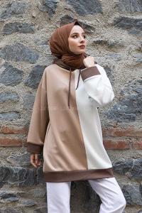 Modalamelif Kapşonlu Garnili Scuba Sweatshirt Soft Kahve