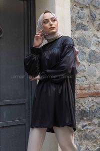 Modalamelif Kol Lastikli Deri Görünüm Tunik Siyah