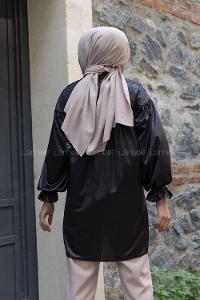 Modalamelif Kol Lastikli Deri Görünüm Tunik Siyah