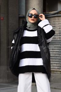 Modalamelif Çizgili Düşük Kol Triko Kazak Siyah