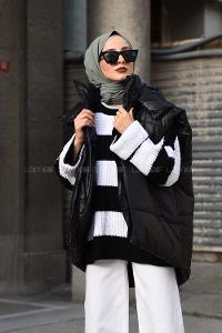 Modalamelif Çizgili Düşük Kol Triko Kazak Siyah