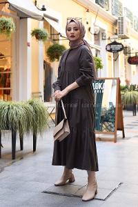 Modalamelif Hakim Yaka Önü Yarım Düğmeli Elbise Acı Kahve