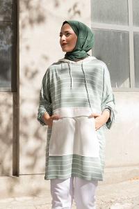 Modalamelif Kapak Cepli Çizgili Tunik Çağla