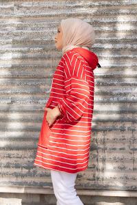 Modalamelif Kapak Cepli Çizgili Tunik Kırmızı