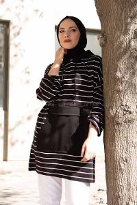 Modalamelif Kapak Cepli Çizgili Tunik Siyah