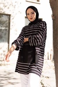 Modalamelif Kapak Cepli Çizgili Tunik Siyah