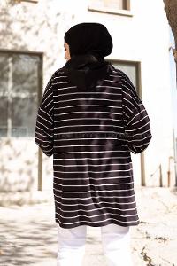 Modalamelif Kapak Cepli Çizgili Tunik Siyah