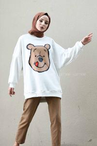 Modalamelif Önü Karikatür Baskılı Sweatshirt Beyaz