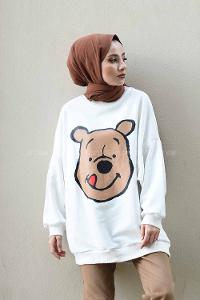 Modalamelif Önü Karikatür Baskılı Sweatshirt Beyaz