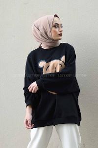 Modalamelif Önü Karikatür Baskılı Sweatshirt Siyah