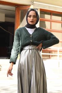 Modalamelif Önü Tahta Düğmeli Düşük Kol Hırka Çağla