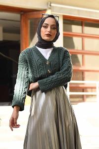 Modalamelif Önü Tahta Düğmeli Düşük Kol Hırka Çağla