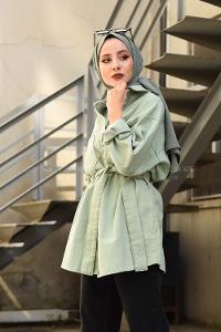 Modalamelif Yan Cep Kuşaklı Kot Ceket Çağla Yeşili