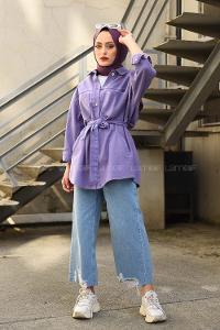 Modalamelif Yan Cep Kuşaklı Kot Ceket Lila