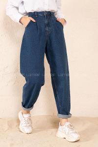 Modalamelif Çift Cepli Paça Pens Detaylı Balon Mom Jean Koyu Mavi