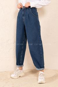 Modalamelif Çift Cepli Paça Pens Detaylı Balon Mom Jean Koyu Mavi