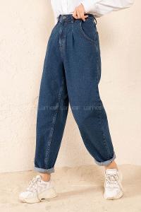 Modalamelif Çift Cepli Paça Pens Detaylı Balon Mom Jean Koyu Mavi