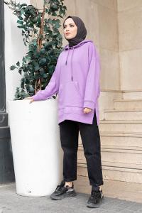 Modalamelif  Kanguru Cep Kapşonlu Sweatshirt Lila