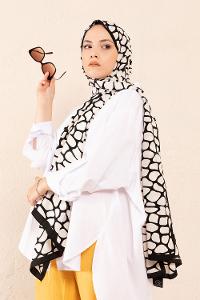 Modalamelif Beyaz&Siyah Baskılı Medine İpeği Şal Dama Desen