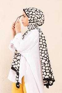 Modalamelif Beyaz&Siyah Baskılı Medine İpeği Şal Dama Desen