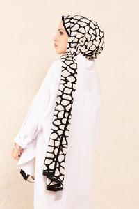 Modalamelif Beyaz&Siyah Baskılı Medine İpeği Şal Dama Desen