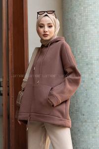 Lamelif Etek Ucu Bağcıklı Kanguru Cep Sweatshirt Acı Kahve