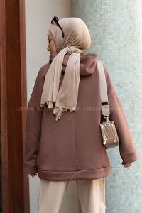 Lamelif Etek Ucu Bağcıklı Kanguru Cep Sweatshirt Acı Kahve