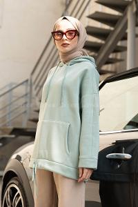 Modalamelif Etek Ucu Bağcıklı Kanguru Cep Sweatshirt Çağla Yeşili