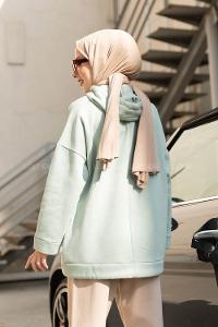 Modalamelif Etek Ucu Bağcıklı Kanguru Cep Sweatshirt Çağla Yeşili