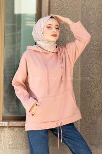 Modalamelif Etek Ucu Bağcıklı Kanguru Cep Sweatshirt Pudra