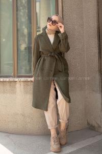 Modalamelif Kuşak Bağlamalı Uzun Kaban Haki