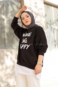 Modalamelif Make Me Happy Baskılı Sweatshirt Siyah