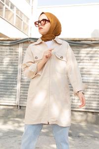 Modalamelif Önü Fermuarlı Kapak Cepli Ceket Taş