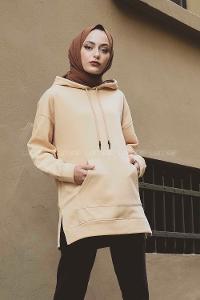 Modalamelif  Kanguru Cep Kapşonlu Sweatshirt Sütlü Kahve