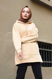 Modalamelif  Kanguru Cep Kapşonlu Sweatshirt Sütlü Kahve