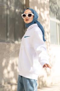 Modalamelif Kapşonlu Ön Baskılı Sweatshirt Beyaz