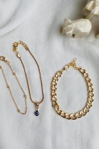 Modalamelif 3lü Nazar Boncuk Detay Gold Bileklik