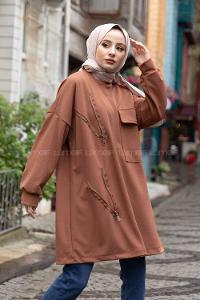 Modalamelif Bisiklet Yaka Fermuar Detaylı Sweatshirt Kahverengi