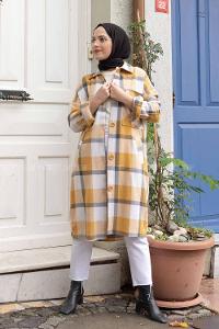 Modalamelif Cep Flotolı Ekose Desen Trenç Hardal Sarısı