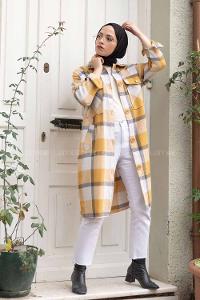 Modalamelif Cep Flotolı Ekose Desen Trenç Hardal Sarısı