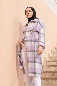 Modalamelif Cep Flotolı Ekose Desen Trenç Lila