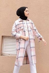 Modalamelif Cep Flotolı Ekose Desen Trenç Pudra